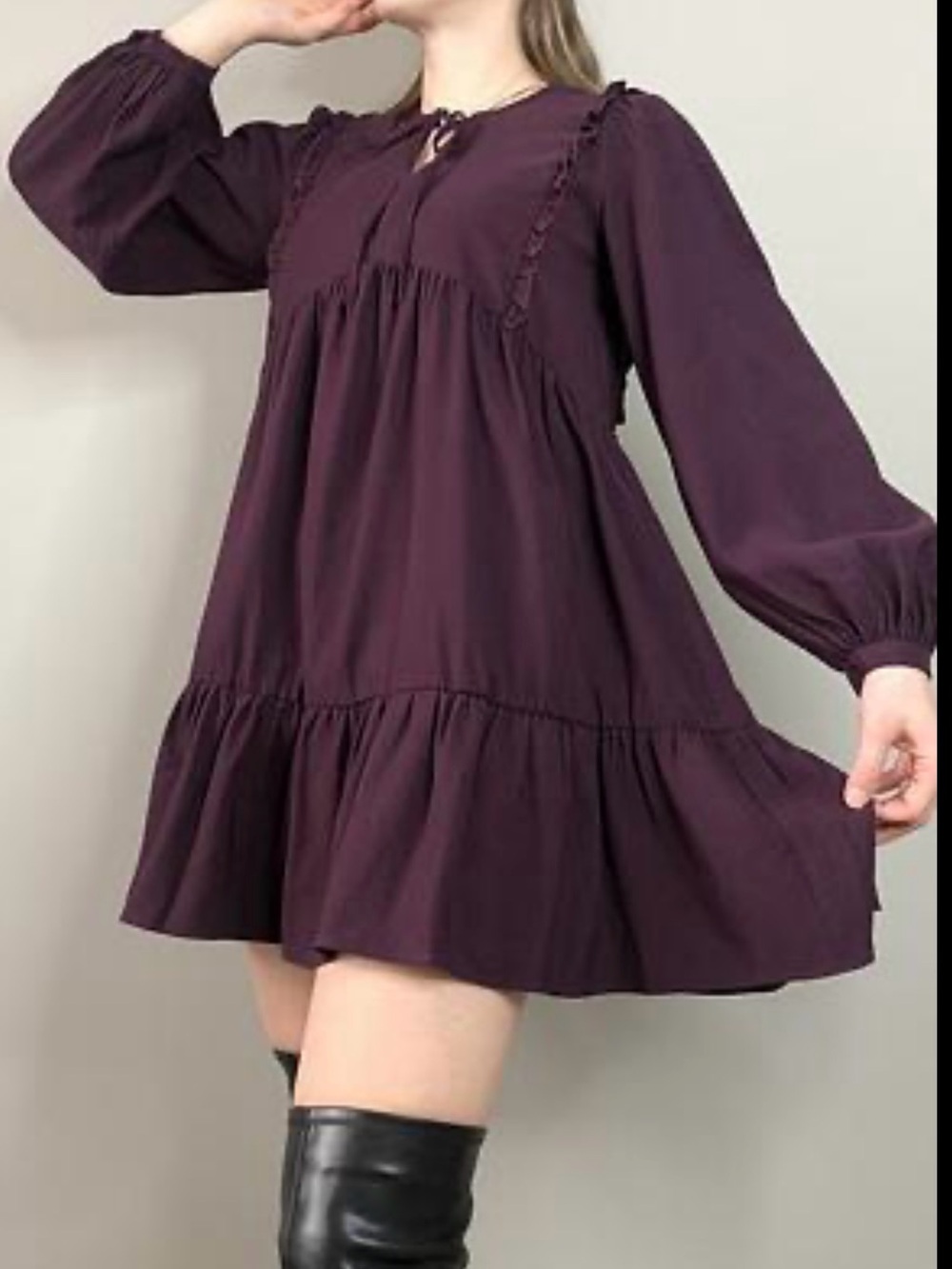 Zara Boho Tiered Long-Sleeve Mini Dress - Plum